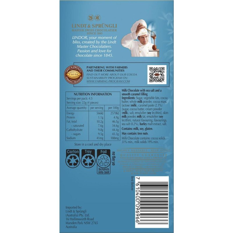 Lindt Lindor Salted Caramel Chocolate Block 100g