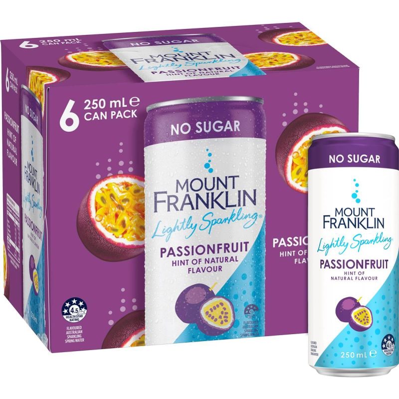Mount Franklin Lightly Sparkling Water Passionfruit Cans 250ml X 6 Pack