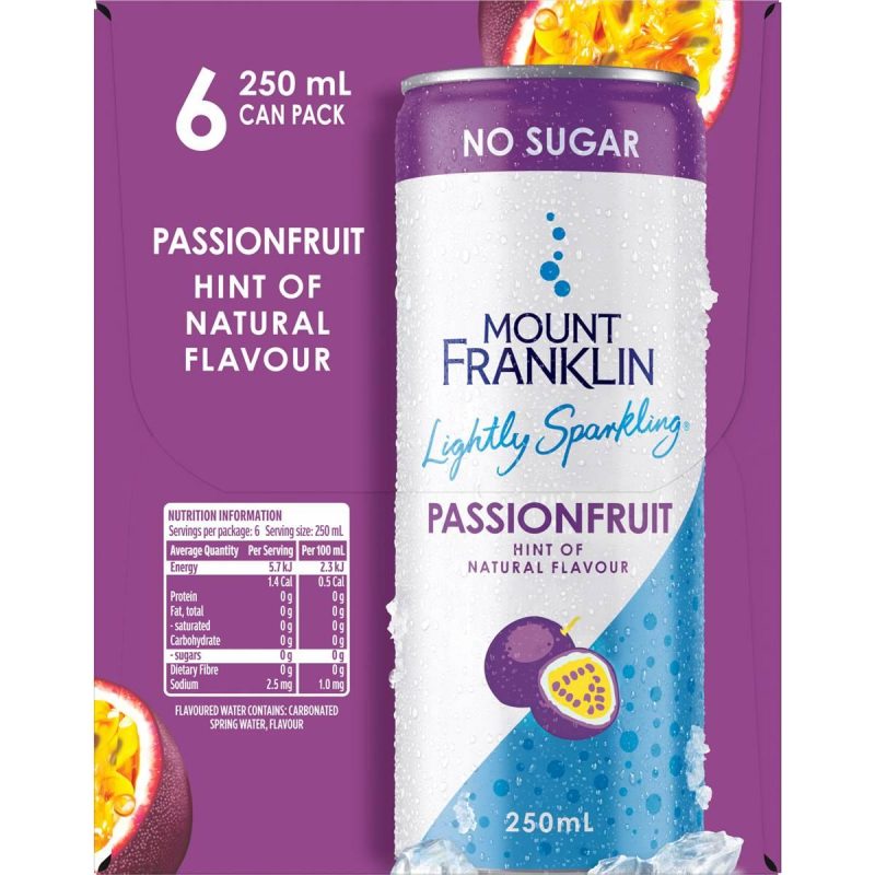 Mount Franklin Lightly Sparkling Water Passionfruit Cans 250ml X 6 Pack