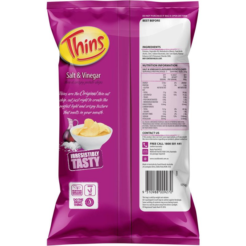 Thins Salt and Vinegar Potato Chips Pack 175g