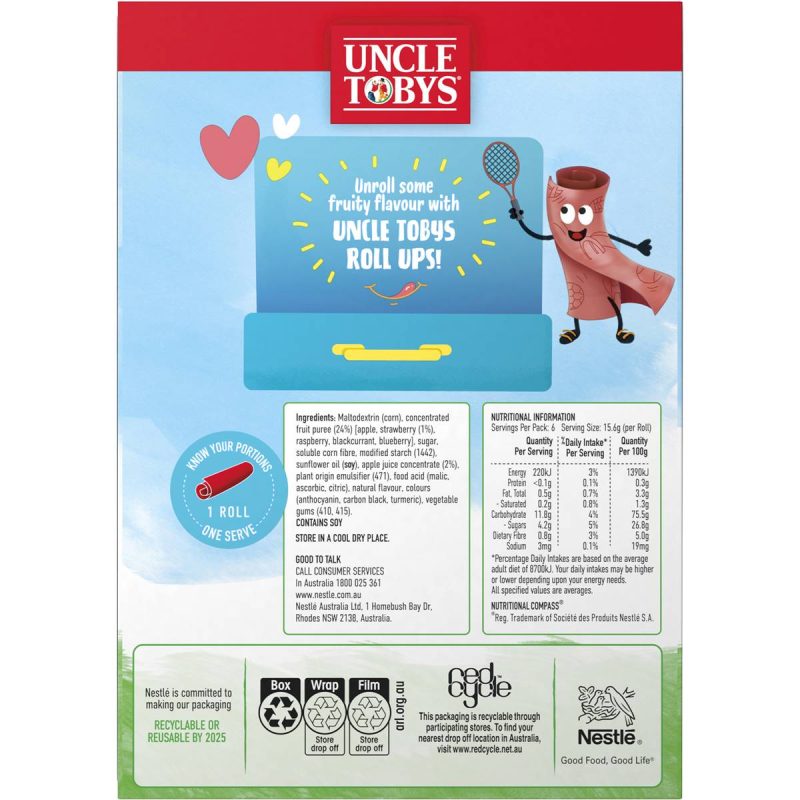 Uncle Tobys Roll Ups Strawberry Kids Fruit Chewy Snacks 6 Pack