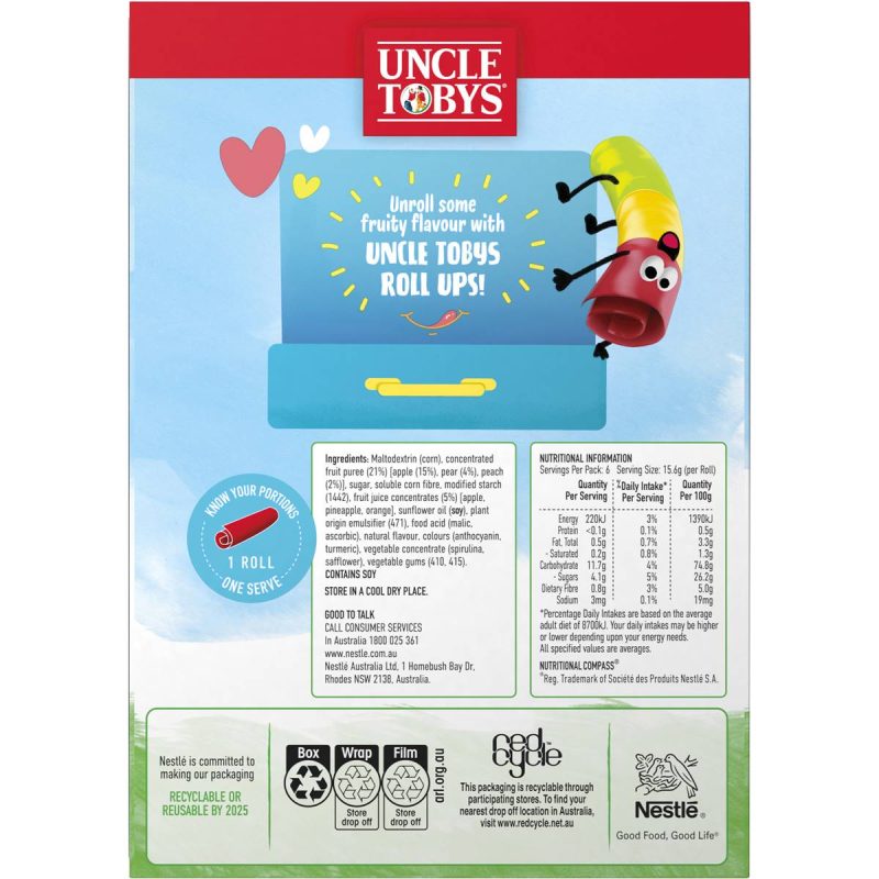 Uncle Tobys Roll Ups Rainbow Fruit Salad Kids Fruit Chewy Snacks 6 Pack