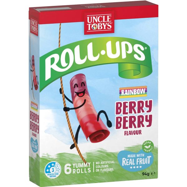 Uncle Tobys Roll Ups Rainbow Berry Kids Fruit Chewy Snacks 6 Pack