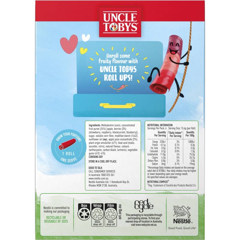 Uncle Tobys Roll Ups Rainbow Berry Kids Fruit Chewy Snacks 6 Pack