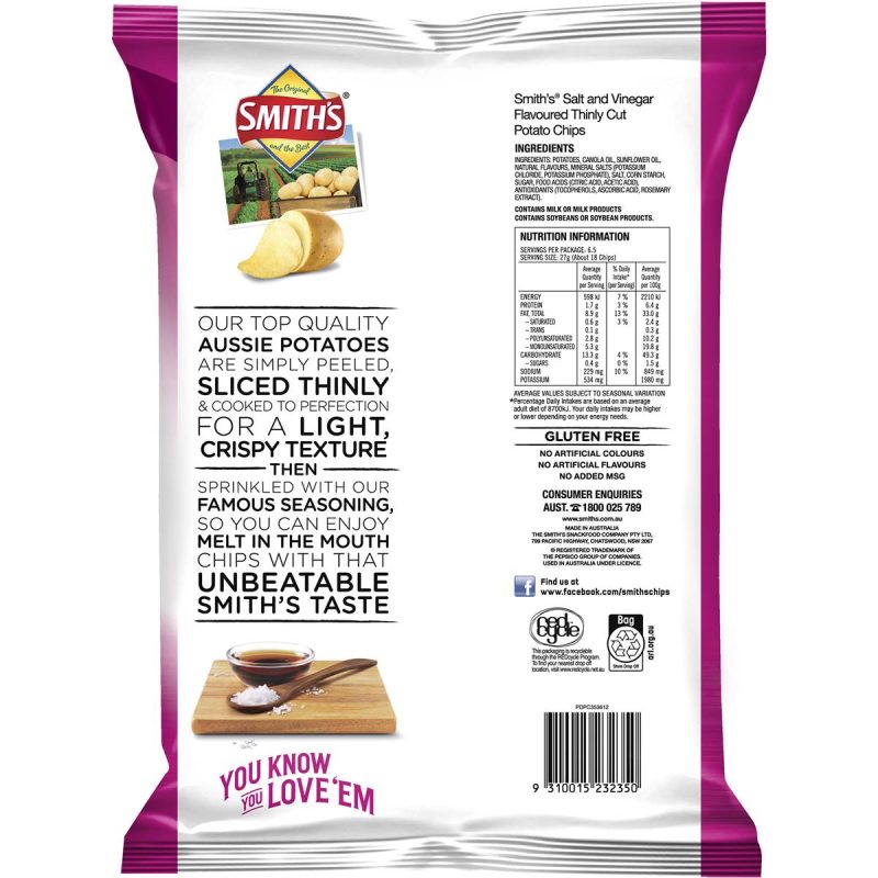 Smiths Thinly Cut Salt and Vinegar Potato Chips Pack 175g