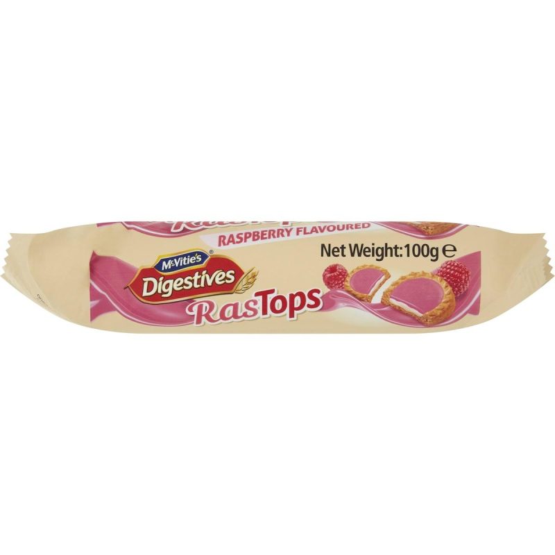 Enjoy the sweet and tangy flavor of McVitie's Digestives Rasptops Raspberry Biscuits 100g. These crunchy biscuits feature a delicious raspberry topping, perfect for a tasty snack or with your favorite beverage. Treat yourself to this delightful raspberry treat!