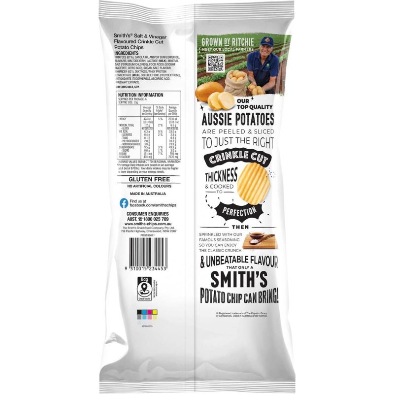 Smiths Crinkle Cut Salt and Vinegar Potato Chips Share Pack 19g X 6 Packs