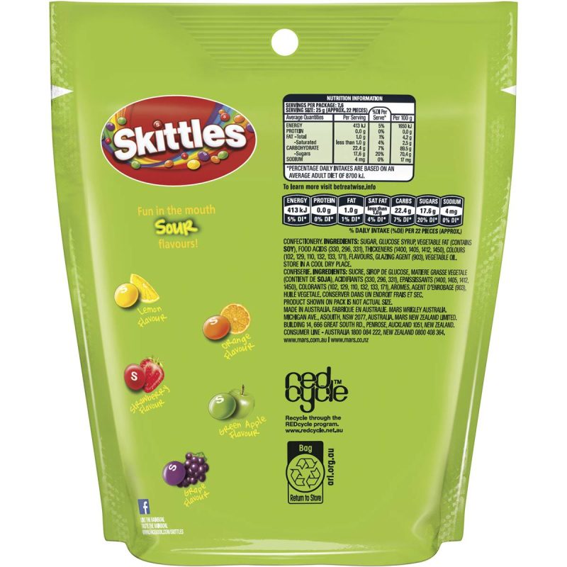 Skittles Sours Sour Chewy Candy Lolly Large Pouch Bag 190g