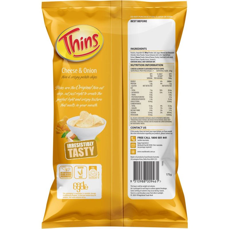 Thins Cheese and Onion Potato Chips Pack 175g