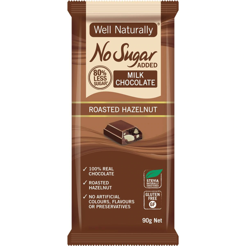 Well Naturally No Sugar Added Milk Chocolate Roasted Hazelnut Chocolate Block 90g