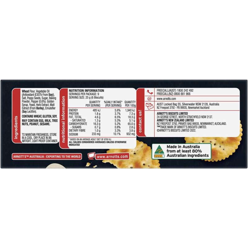 Arnotts Jatz Cracked Pepper Crackers Biscuits 225g