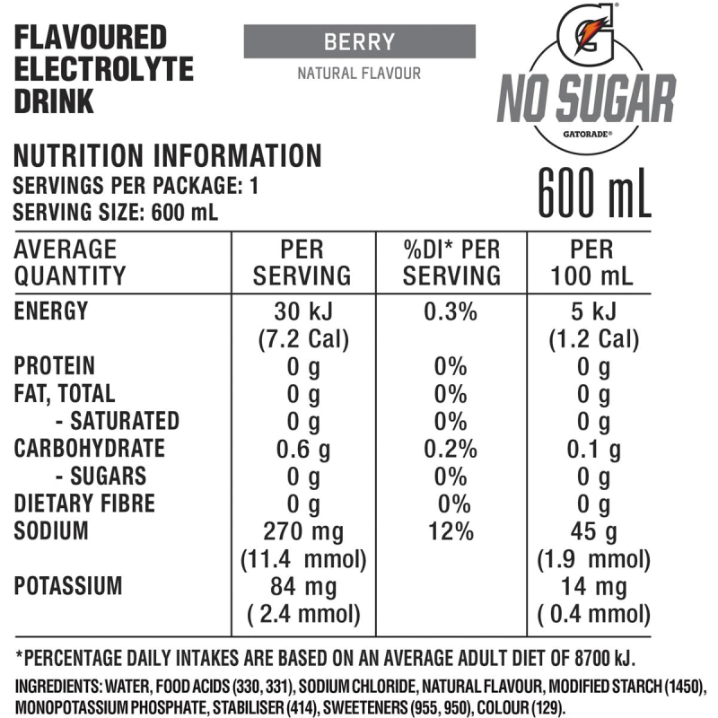 Gatorade No Sugar Berry Hydrating Sports Drink 600ml