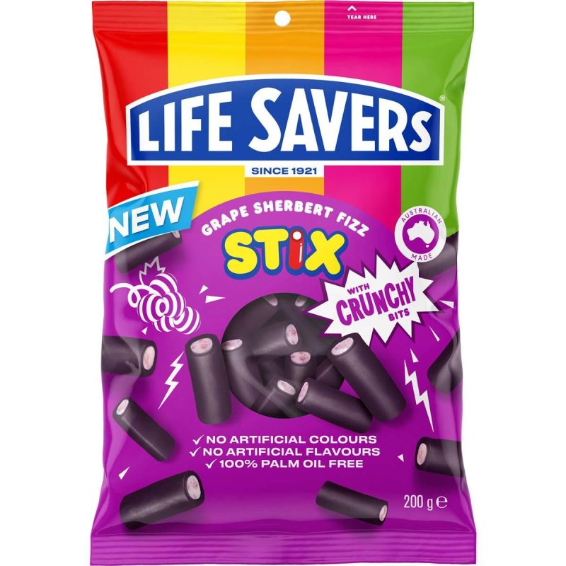 Lifesavers Grape Sherbert Fizz Stix Gummy Candy Lollies Bag 200g