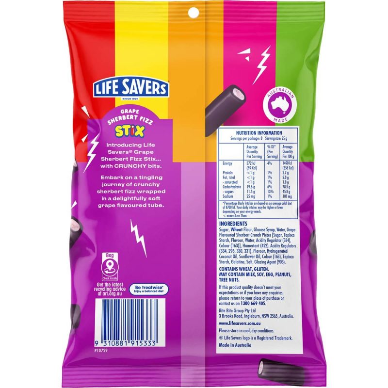 Lifesavers Grape Sherbert Fizz Stix Gummy Candy Lollies Bag 200g