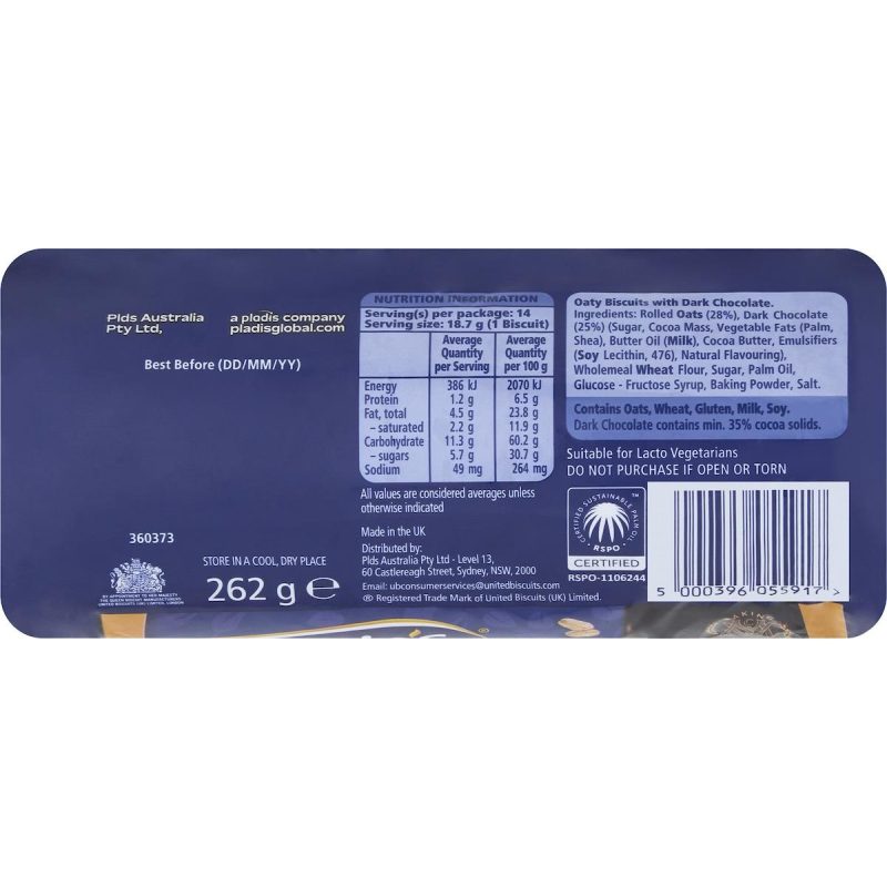 McVities Hobnobs Dark Chocolate Oat Cookies Biscuits 262g