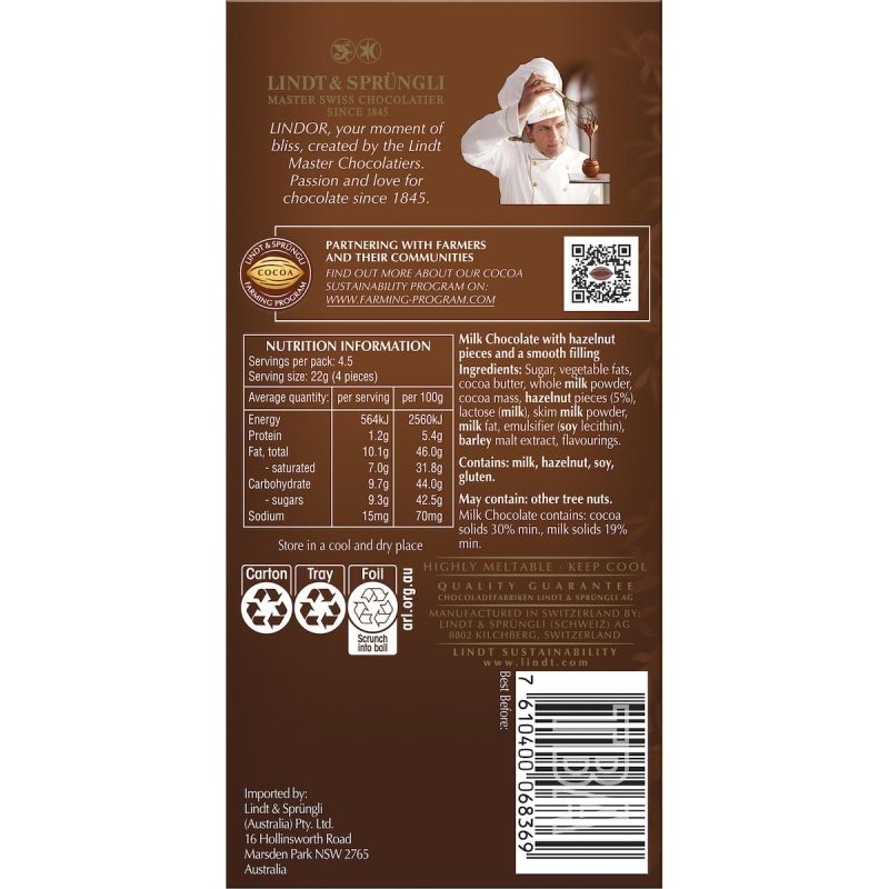 Lindt Lindor Hazelnut Milk Chocolate Block 100g