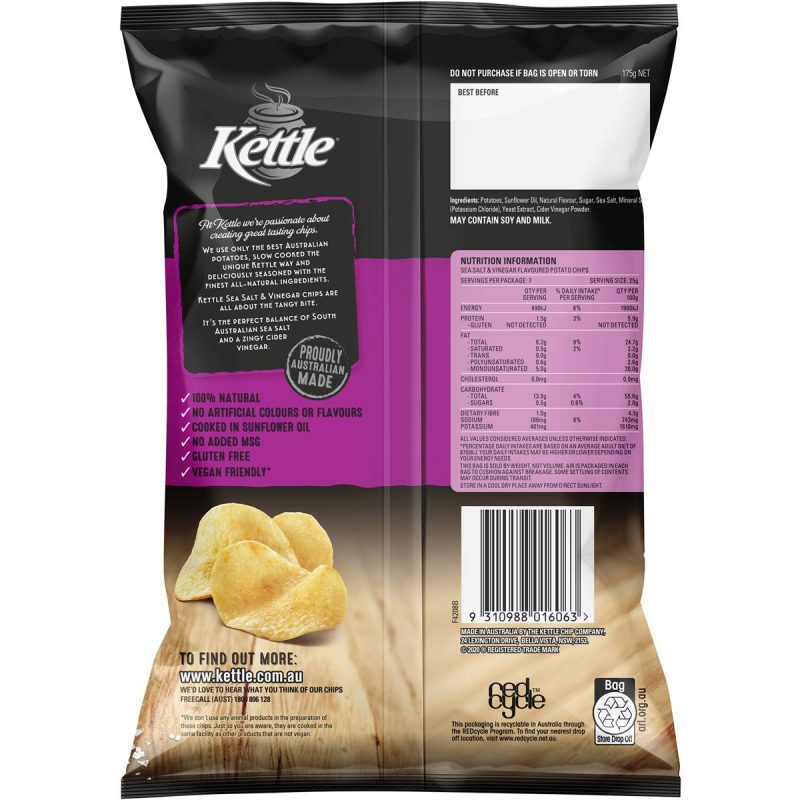 Kettle Sea Salt and Vinegar Potato Chips Pack 175g