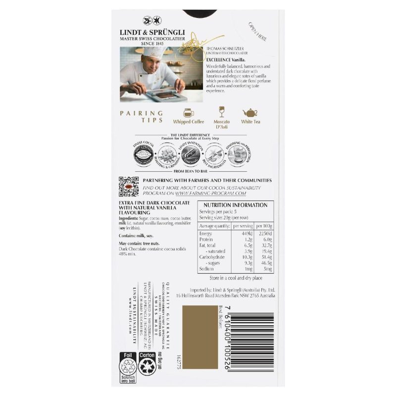 Lindt Excellence Vanilla Dark Chocolate Block 100g