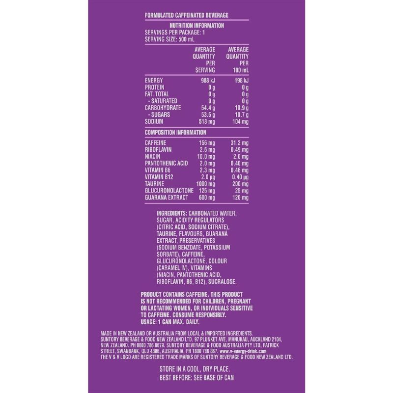 V Grape Burst Energy Drink Can 500ml X 4 Pack
