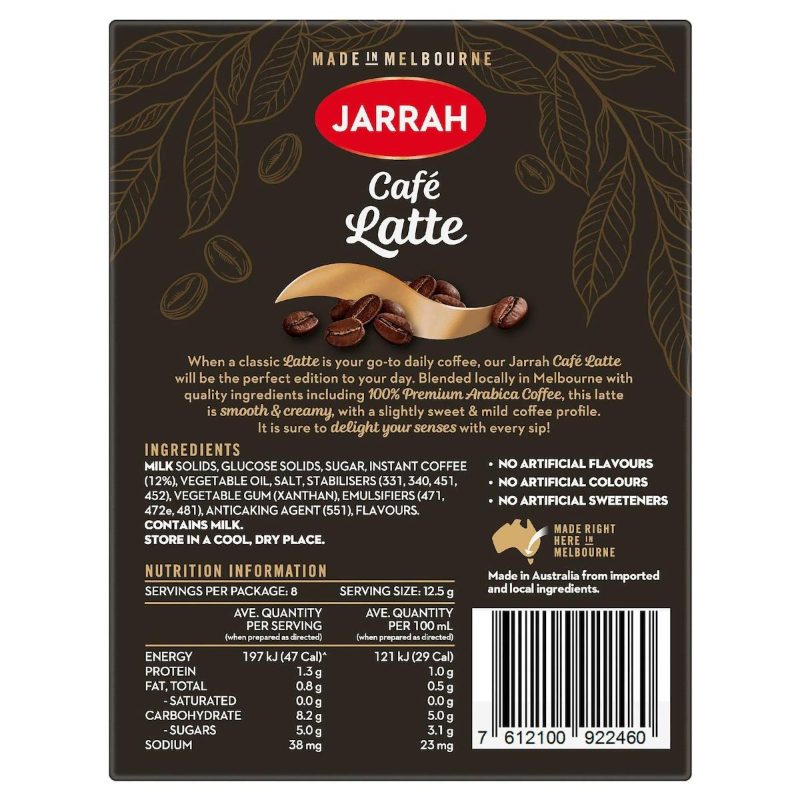 Jarrah Cafe Latte Coffee Drink Sachets 8 Pack
