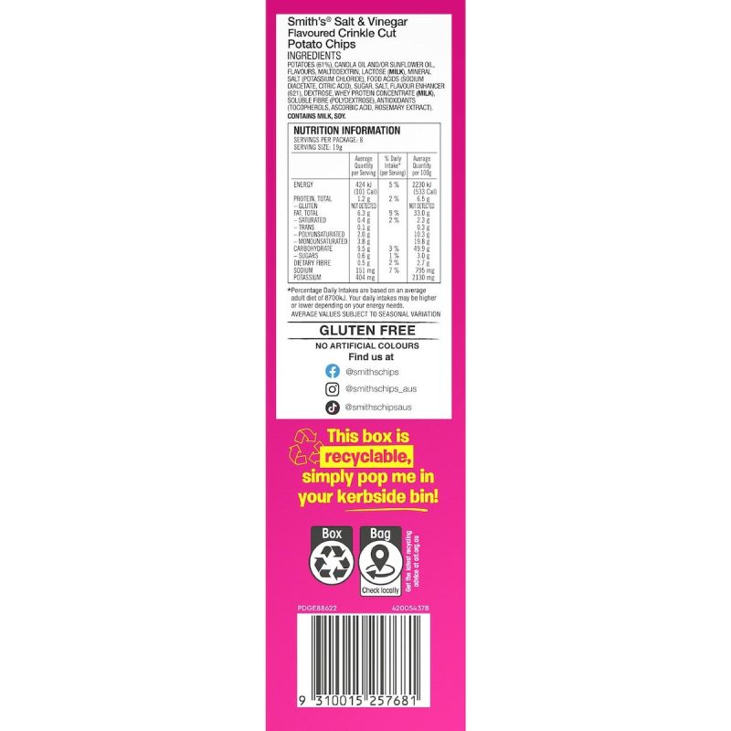 Smiths Potato Chips Salt And Vinegar Multipack 8 Pack 152g