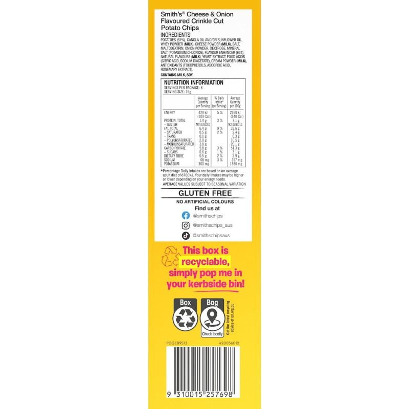 Smiths Potato Chips Cheese And Onion Multipack 8 Pack 152g