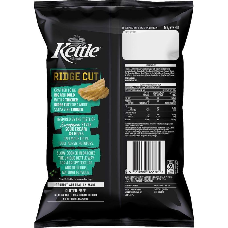 Kettle Ridge Cut Potato Chips European Sour Cream And Chives 165g