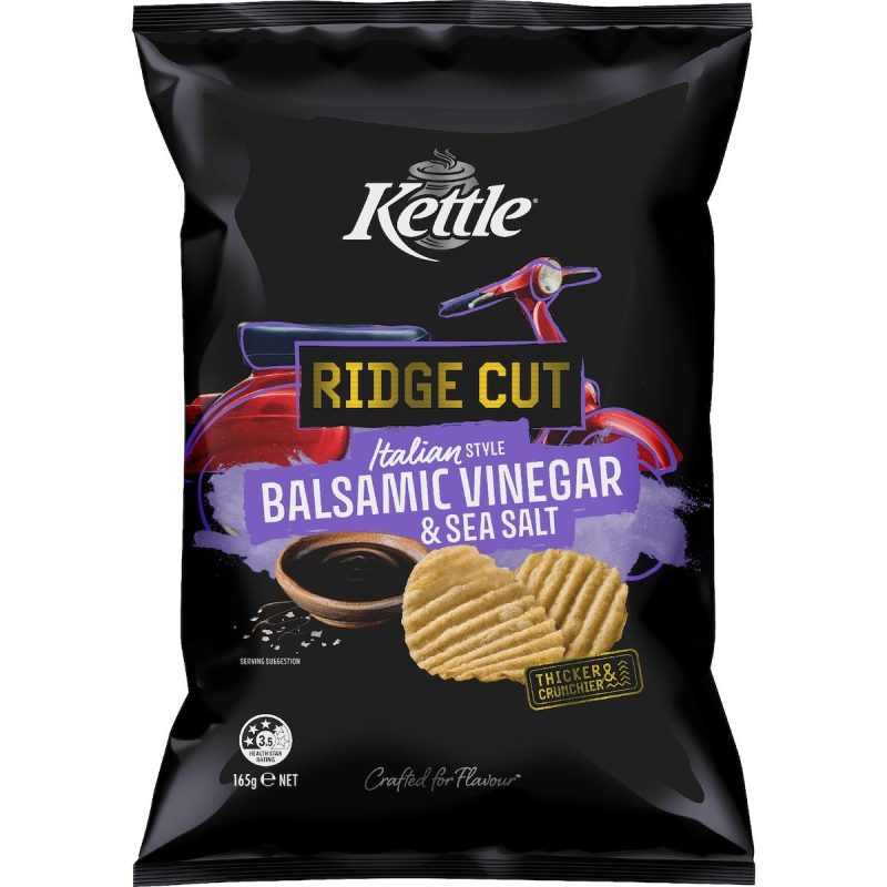 Kettle Ridge Cut Potato Chips Balsamic Vinegar And Sea Salt 165g