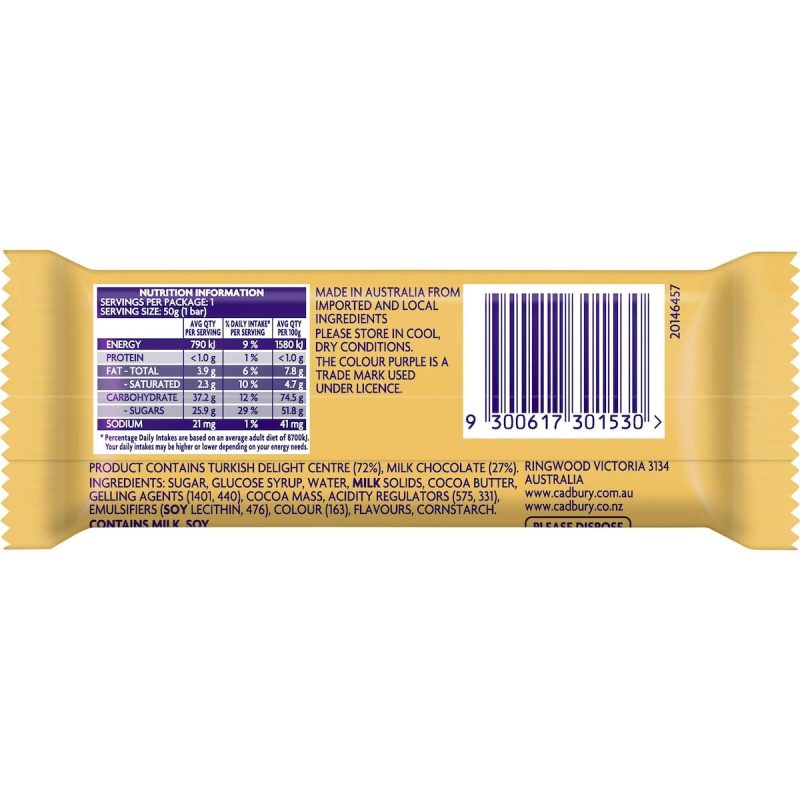 Cadbury Turkish Delight Milk Chocolate Bar 50g X 6 Bars