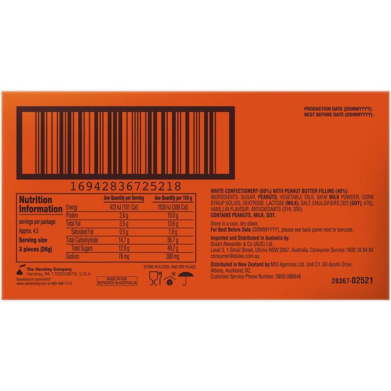 Reeses White Chocolate Miniature Cups With Peanut Butter Share Bag 120g