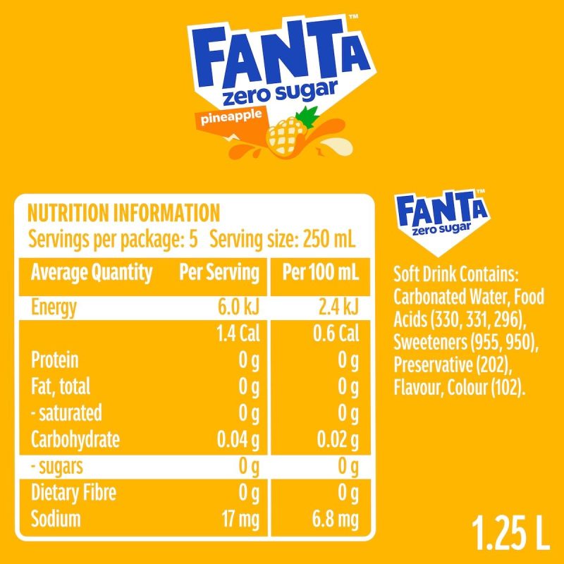 Fanta Pineapple Zero Sugar Soft Drink Bottle 1.25L