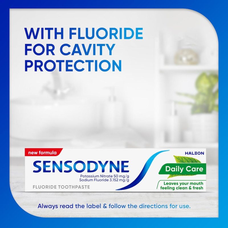 Protect sensitive teeth daily with Sensodyne Daily Care Fluoride Toothpaste 100g. It offers gentle cavity protection and sensitivity relief, keeping your teeth strong, healthy, and feeling fresh every day.