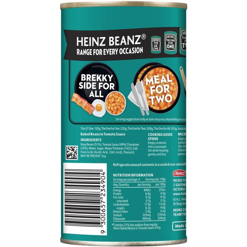 Heinz Baked Beans In Tomato Sauce Salt Reduced Can 555g