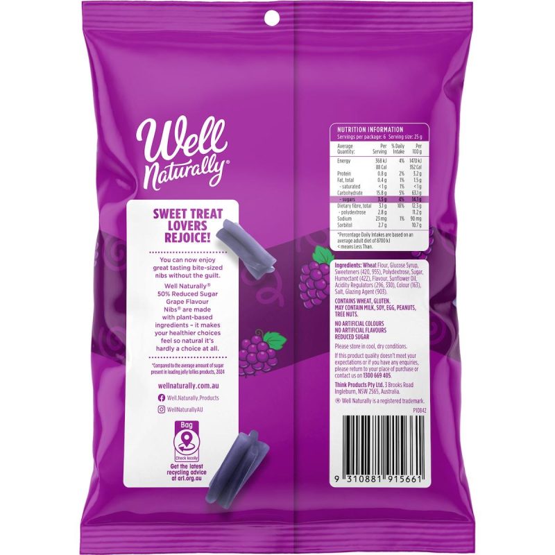 Well Naturally Nibs Grape Gummy Flavour Reduced Sugar 150g