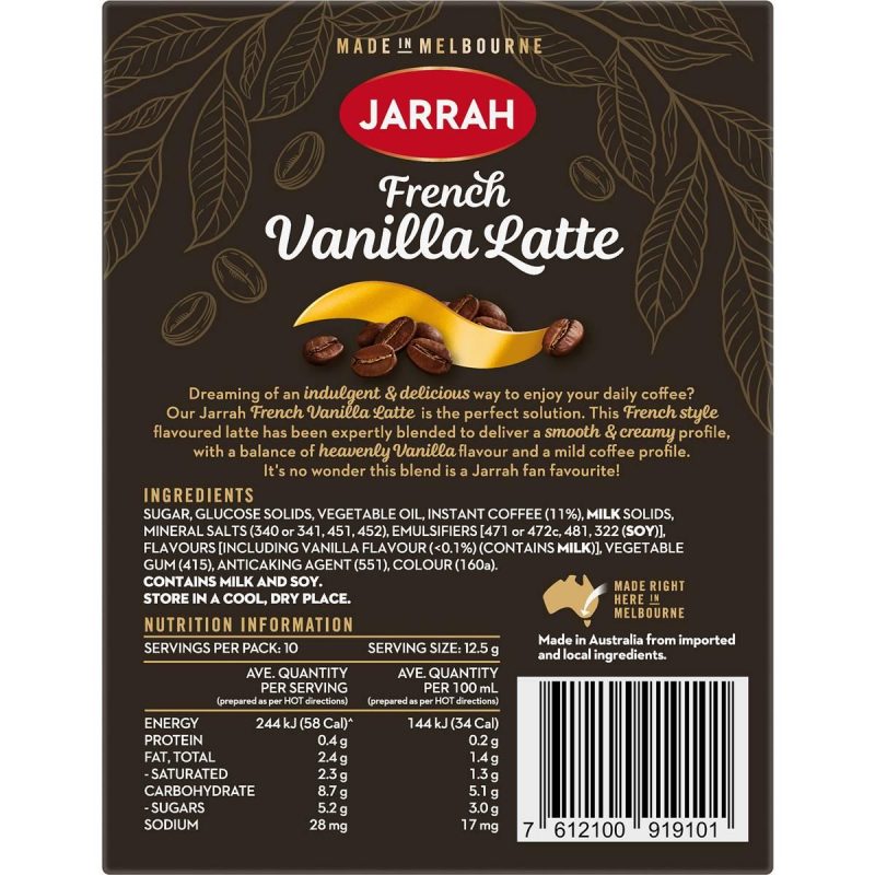 Jarrah French Vanilla Latte Coffee Drink Sachets 10 Pack