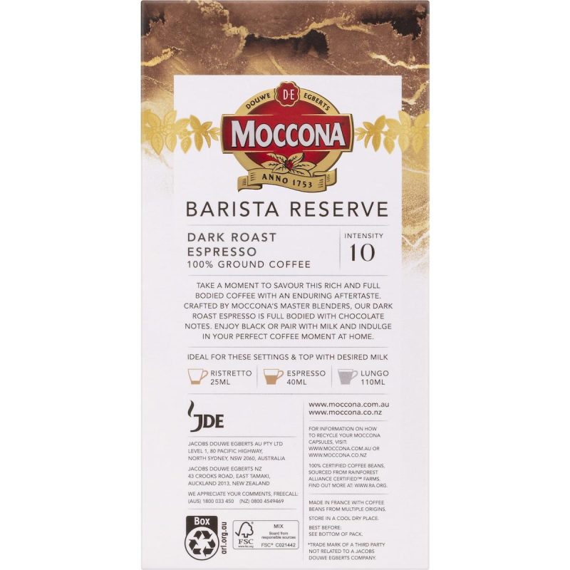 Moccona Barista Reserve Dark Roast Espresso Coffee Pods Capsules 10 Pack