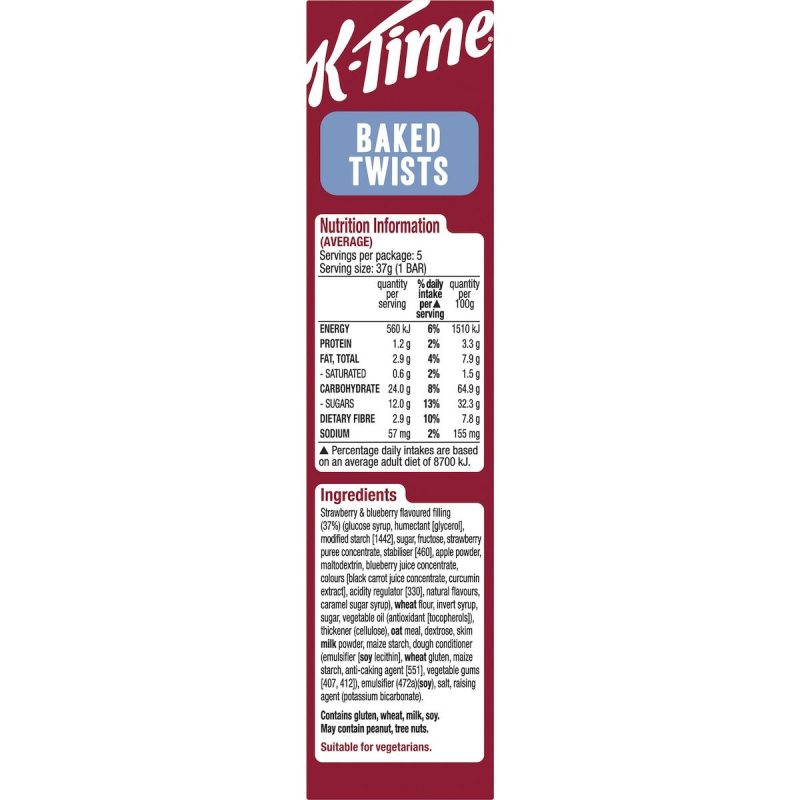 Kelloggs K-Time Baked Twists Strawberry Blueberry Flavour Snack Bars 5 Pack