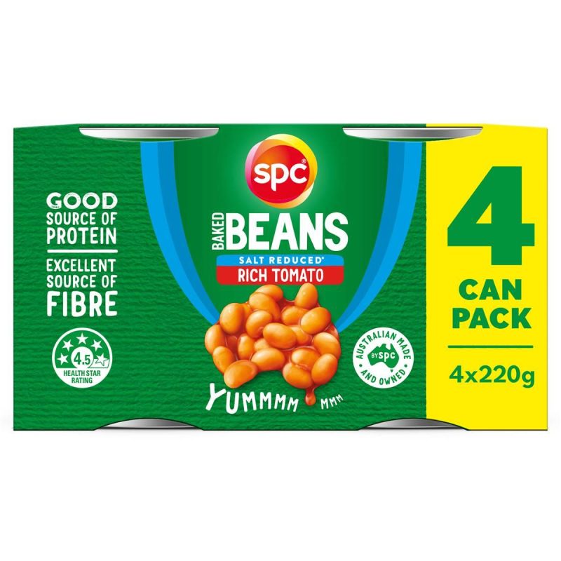 SPC Baked Beans Rich Tomato Sauce Salt Reduced Can 220g X 4 Cans
