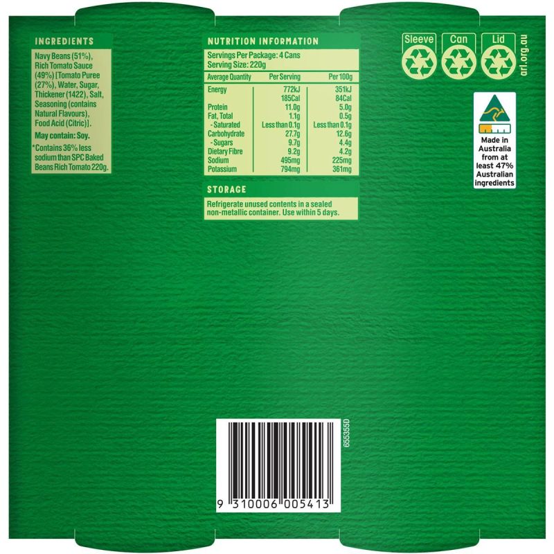 SPC Baked Beans Rich Tomato Sauce Salt Reduced Can 220g X 4 Cans