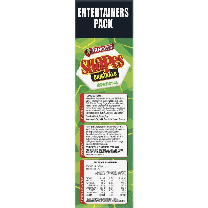 Arnotts Shapes Crackers Biscuits Barbeque BBQ Entertainers Large Box 400g