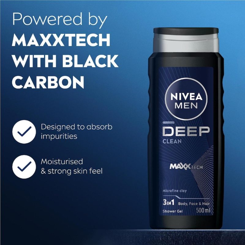 Nivea Men Deep Clean 3 In 1 Body Wash Shower Gel 500ml