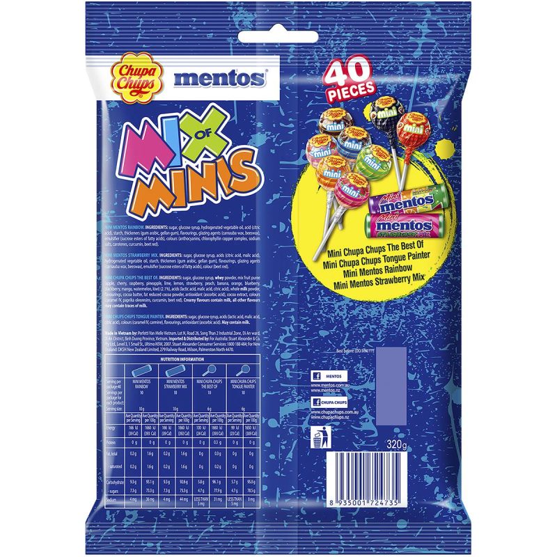 Chupa Chups Mentos Lollipops Candy Mix of Minis Bag 40 Pack 320g