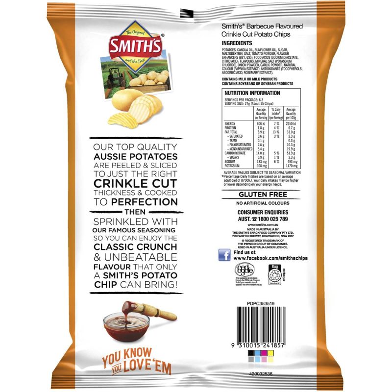 Smiths Crinkle Cut Barbecue BBQ Potato Chips Pack 170g
