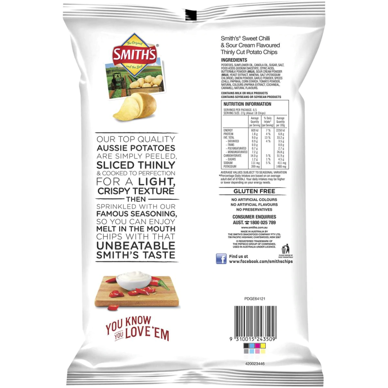 Smiths Thinly Cut Sweet Chilli and Sour Cream Potato Chips Pack 175g