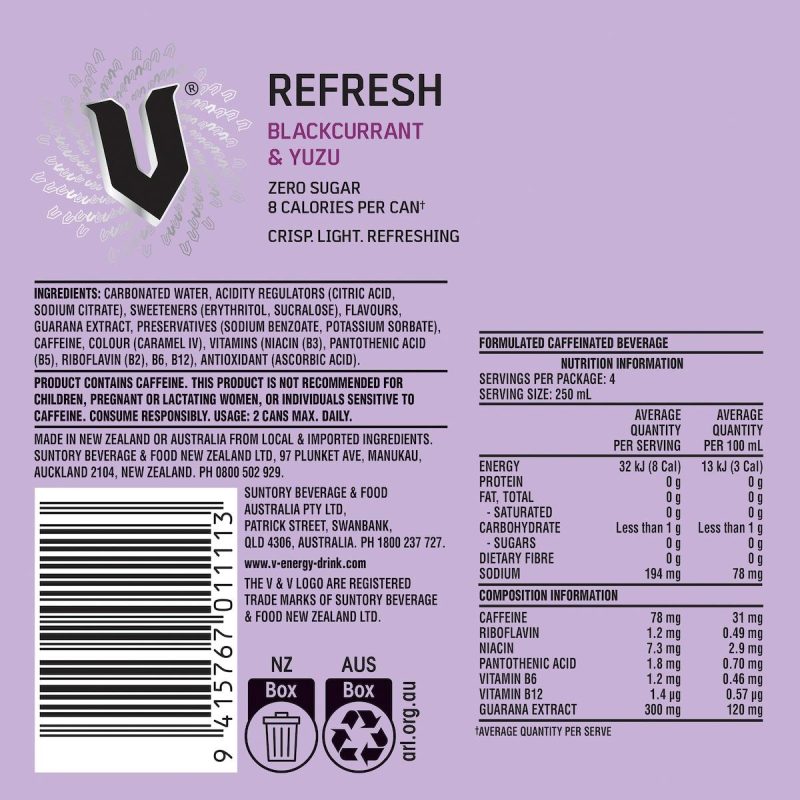V Refresh Blackcurrant & Yuzu Energy Drink Can 250ml X 4 Pack
