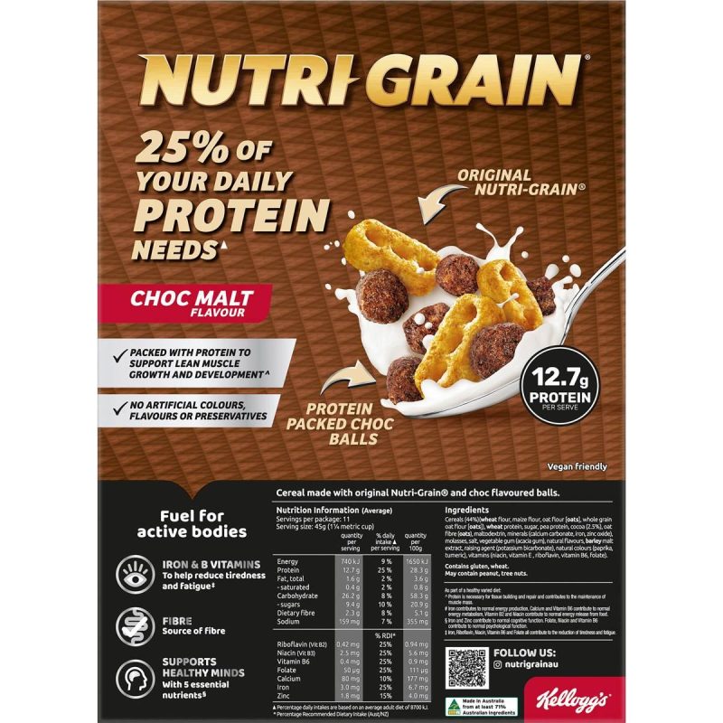 Kelloggs Nutri Grain High Protein Crunch Choc Malt Cereal 500g