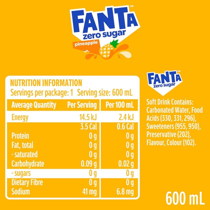 Fanta Pineapple Zero Sugar Soft Drink Bottle 600ml