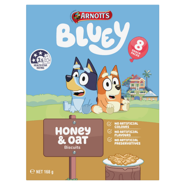 Arnotts Bluey Honey and Oat Flavoured Biscuit Kids Lunchbox Snacks 8 Pack