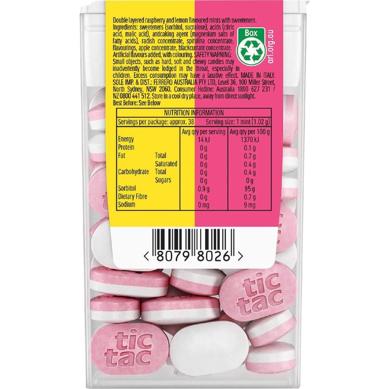 Tic Tac Two Raspberry Lemon Flavoured Mints 38g Pack X 6 Packs