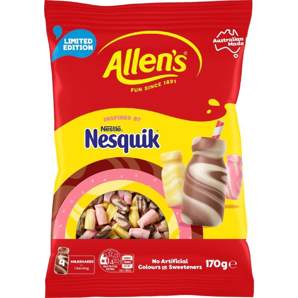 Allens Nesquik Milkshake Chocolate Strawberry Banana Lollies Candy Pack 170g